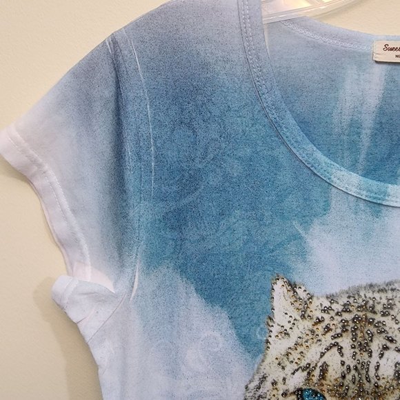 Sweet Gisele jeweled snow leopard print short sleeve shirt woman's size small - Picture 4 of 10